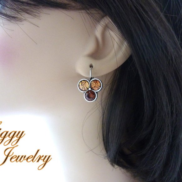 Triple Stone Triangular Shape Swarovski Crystal Topaz Drop Lever Back Earrings - Picture 3 of 4